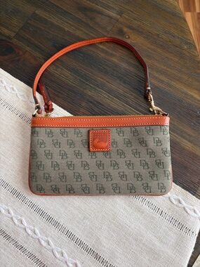 Dooney & Bourke Beige Logo Canvas Wristlet with Leather trim